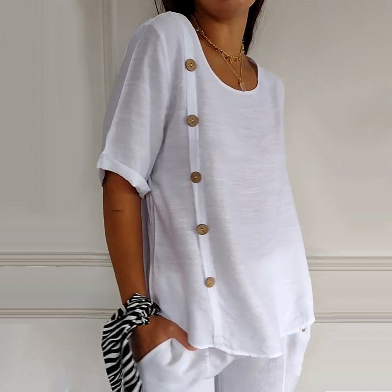 Blouse Femme Lin Col Rond Boutons Latéraux Coupe Ample