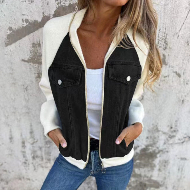Veste femme style denim zippée – veste casual patchwork confortable