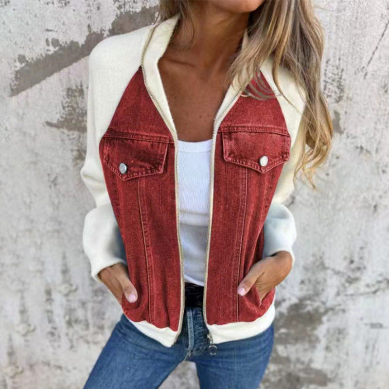 Veste femme style denim zippée – veste casual patchwork confortable