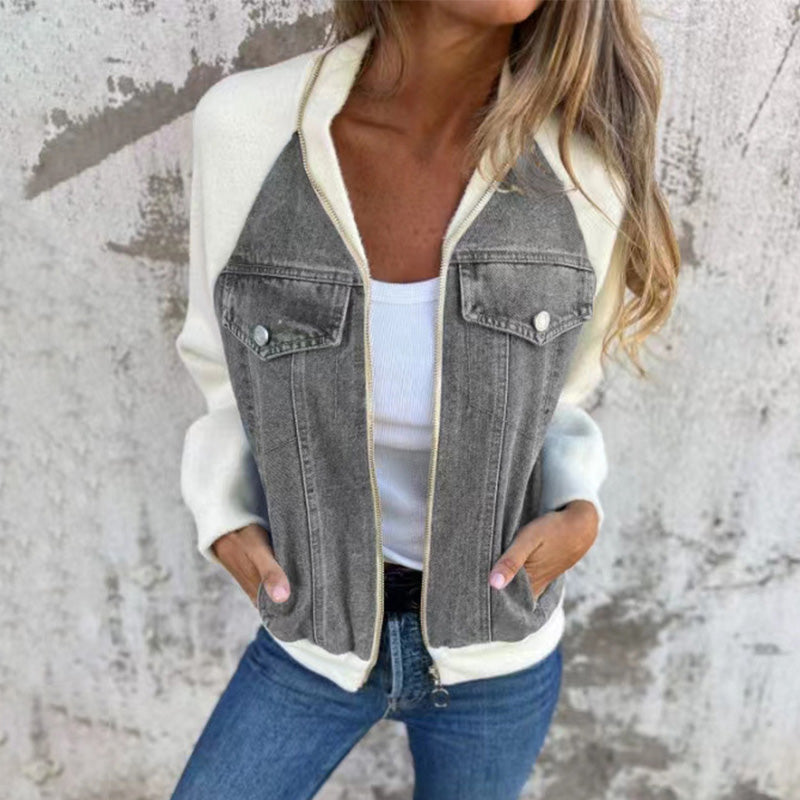 Veste femme style denim zippée – veste casual patchwork confortable