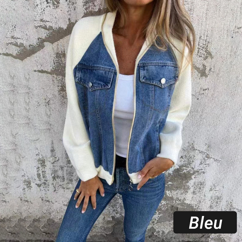 Veste femme style denim zippée – veste casual patchwork confortable