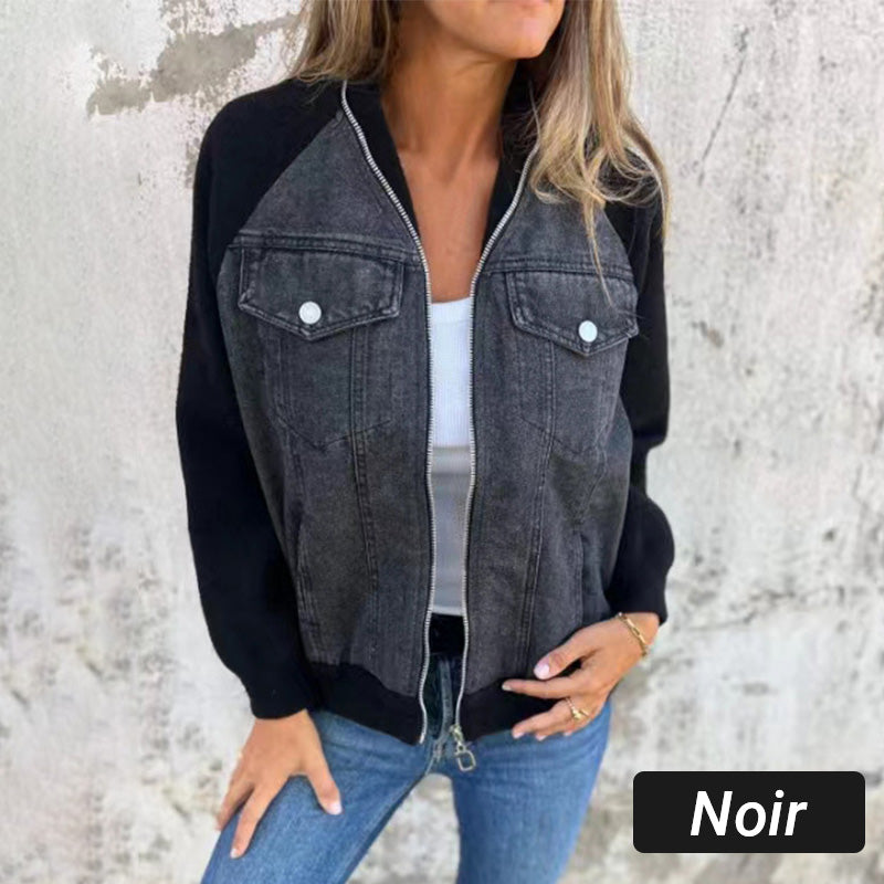 Veste femme style denim zippée – veste casual patchwork confortable