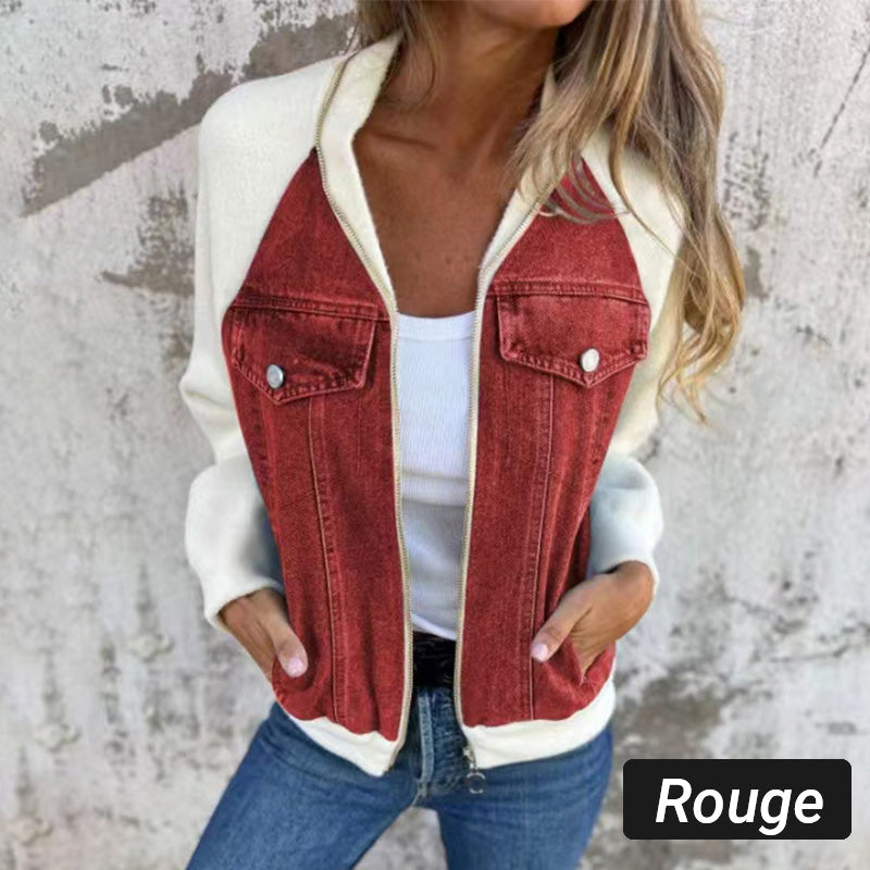 Veste femme style denim zippée – veste casual patchwork confortable