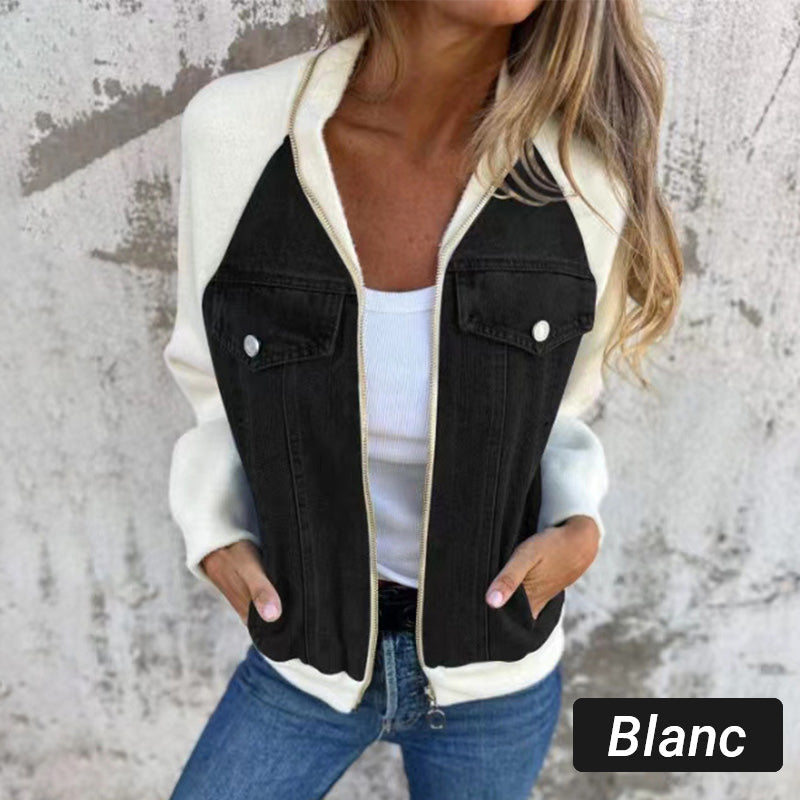 Veste femme style denim zippée – veste casual patchwork confortable