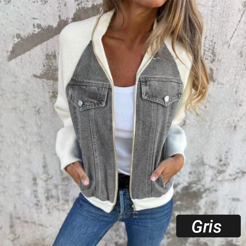 Veste femme style denim zippée – veste casual patchwork confortable