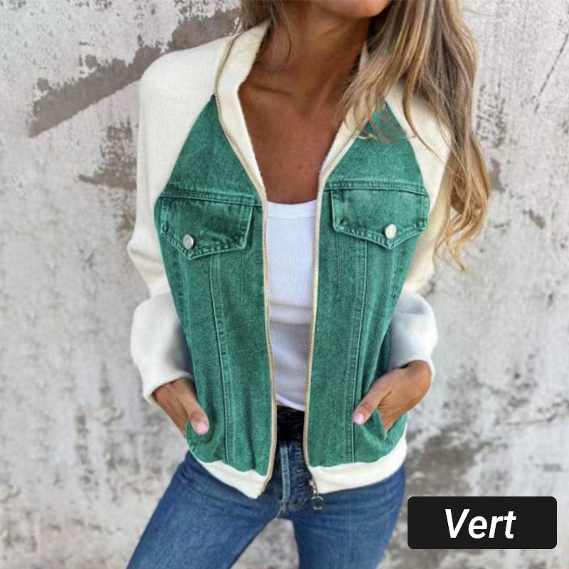 Veste femme style denim zippée – veste casual patchwork confortable