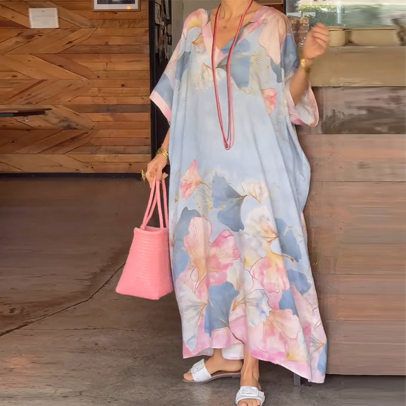 Robe Longue Bohème Fleurie avec Décolleté en V Fluide