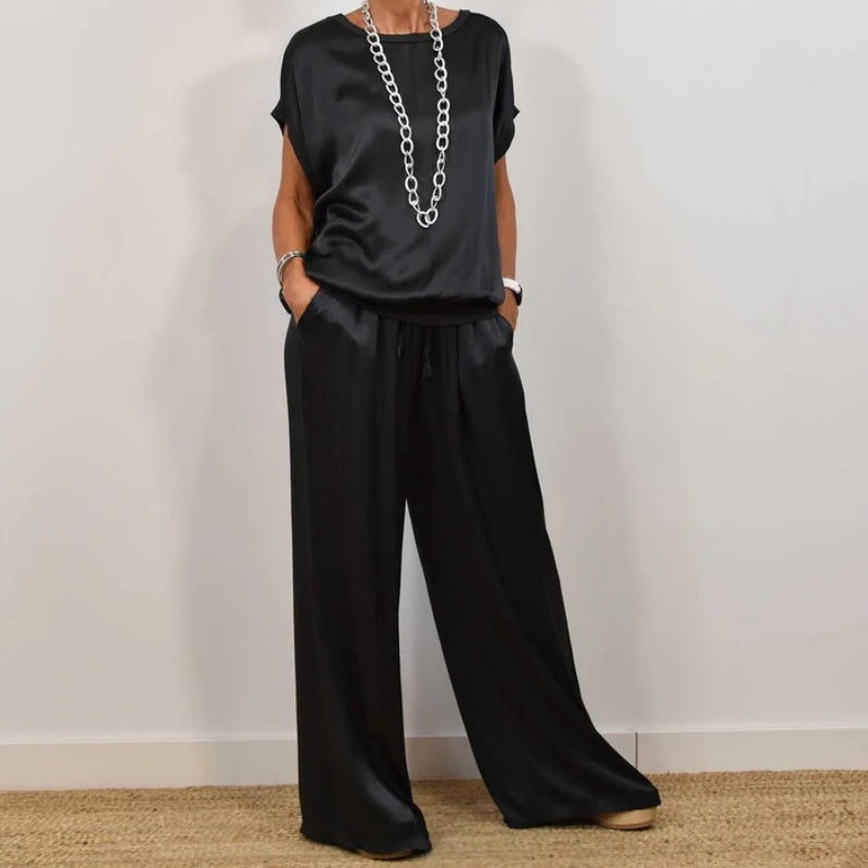 Ensemble Femme Satiné Élégant Deux Pièces Top et Pantalon Large