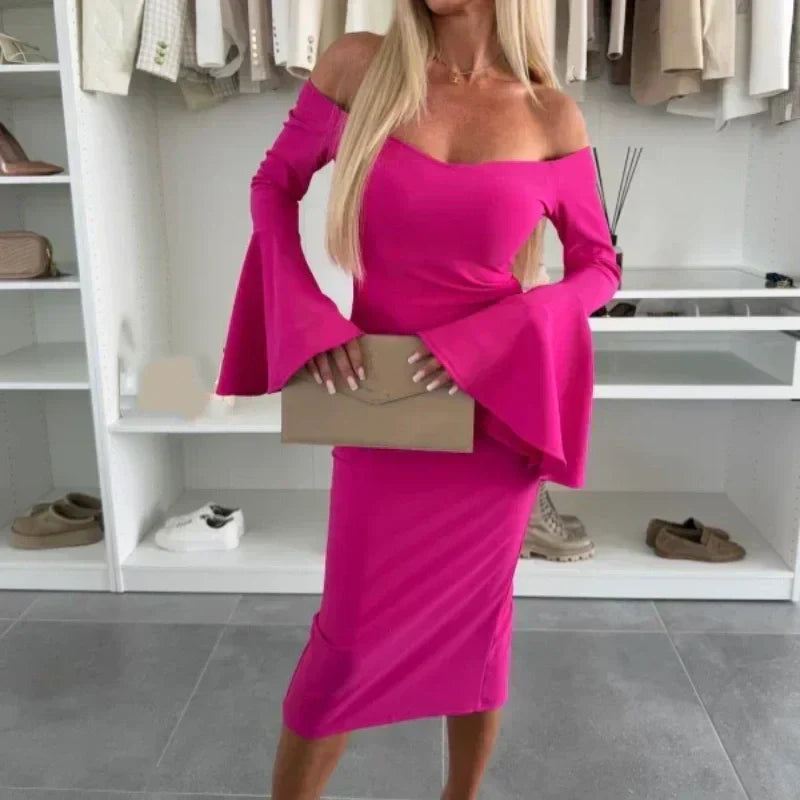 Robe Femme Élégante Manches Évasées Coupe Ajustée Soirée Chic
