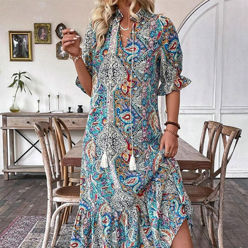 Robe bohème femme à imprimé cachemire et col V à pompons