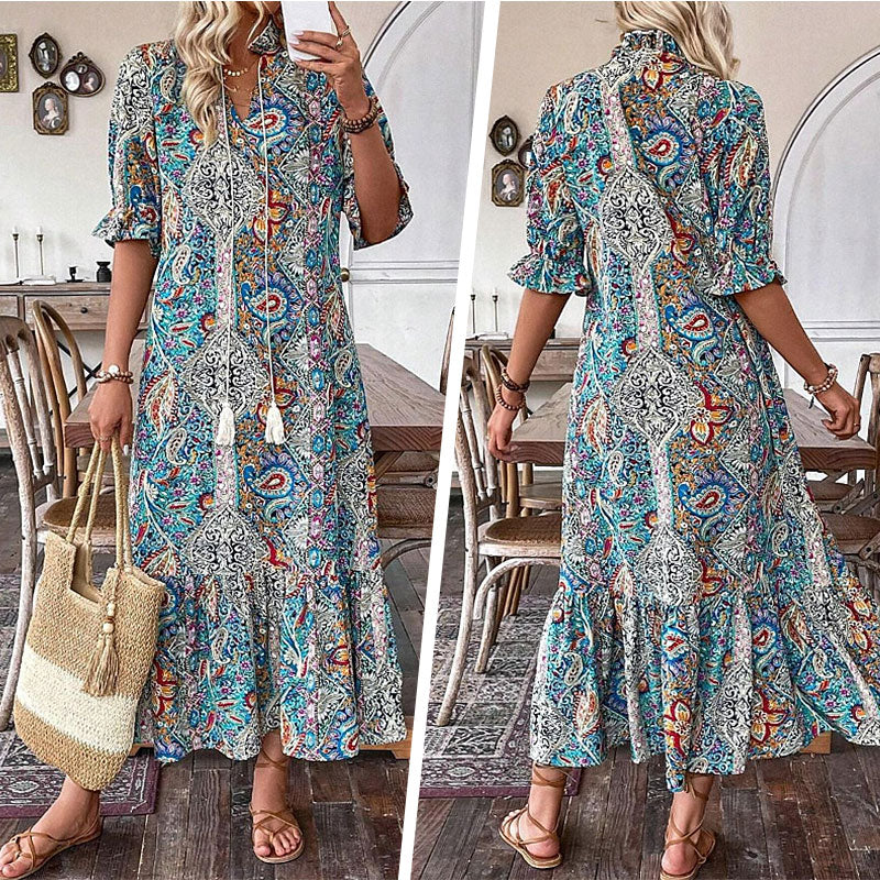 Robe bohème femme à imprimé cachemire et col V à pompons