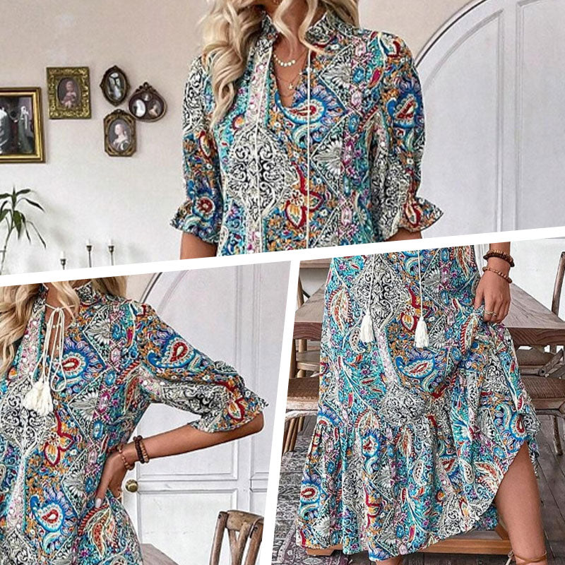 Robe bohème femme à imprimé cachemire et col V à pompons