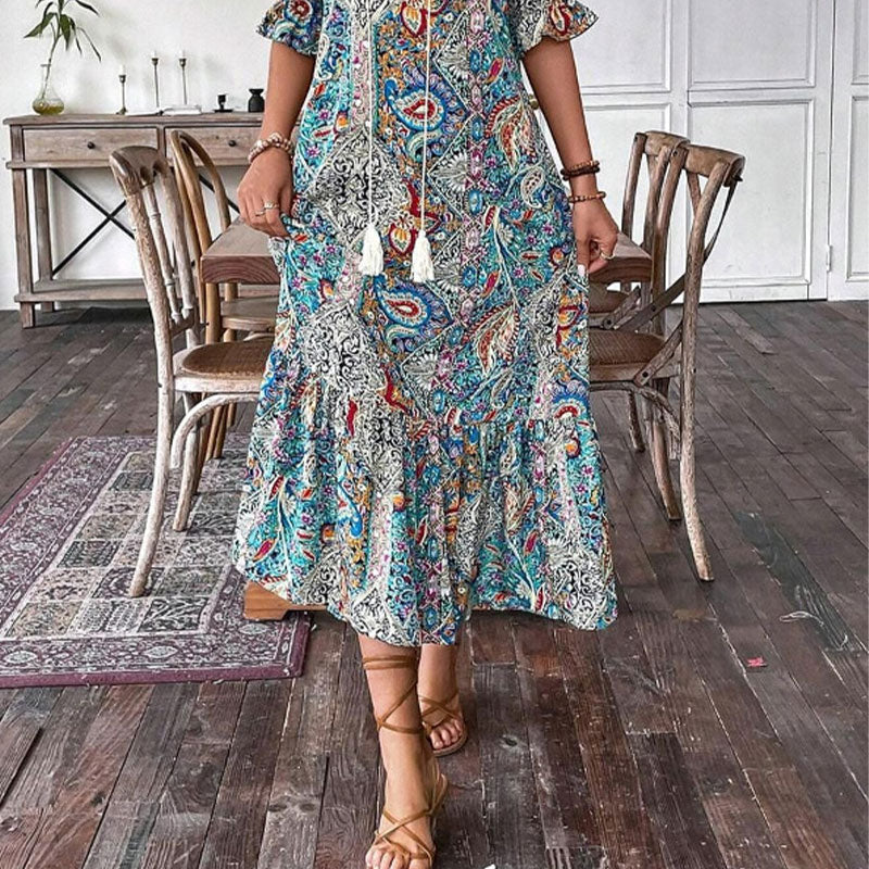 Robe bohème femme à imprimé cachemire et col V à pompons