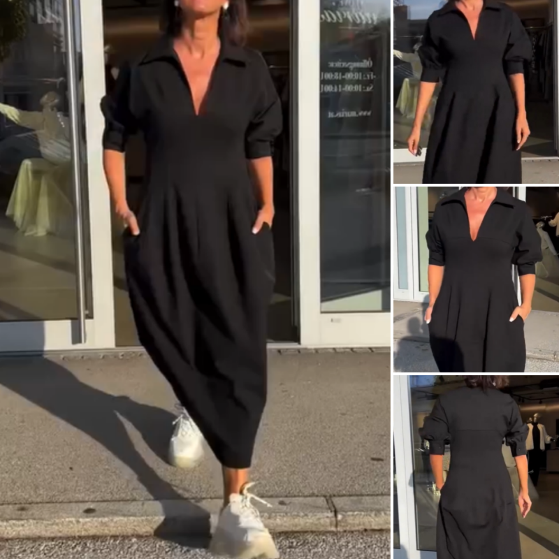 Robe femme midi fluide col V revers taille ajustée élégante manches longues