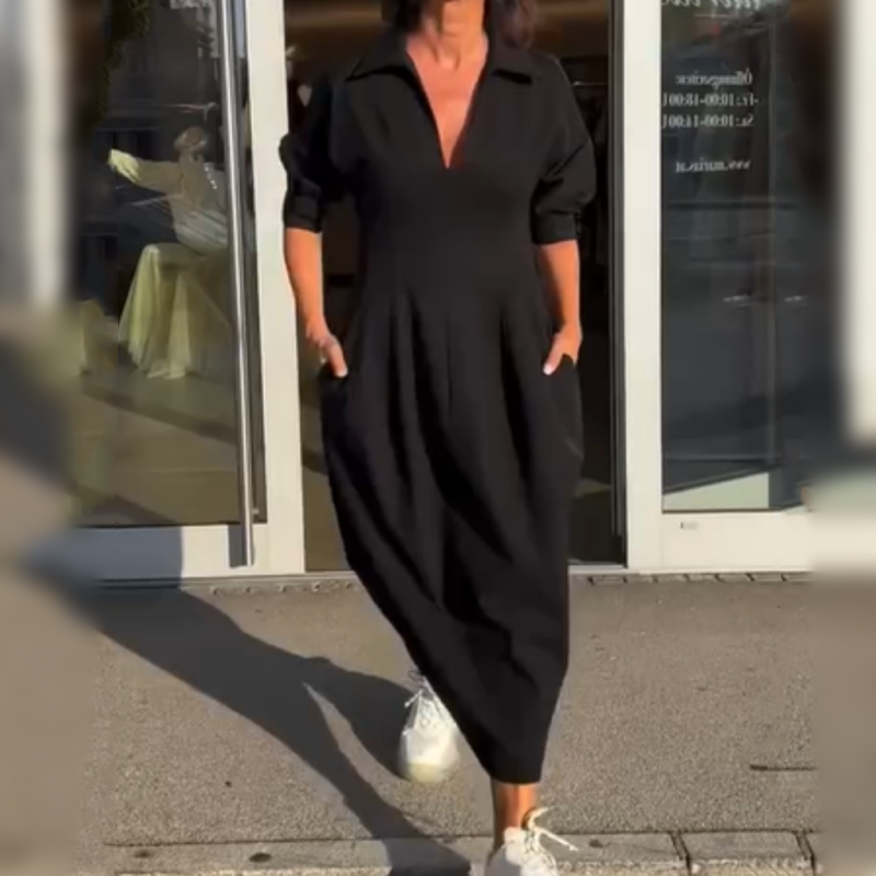 Robe femme midi fluide col V revers taille ajustée élégante manches longues
