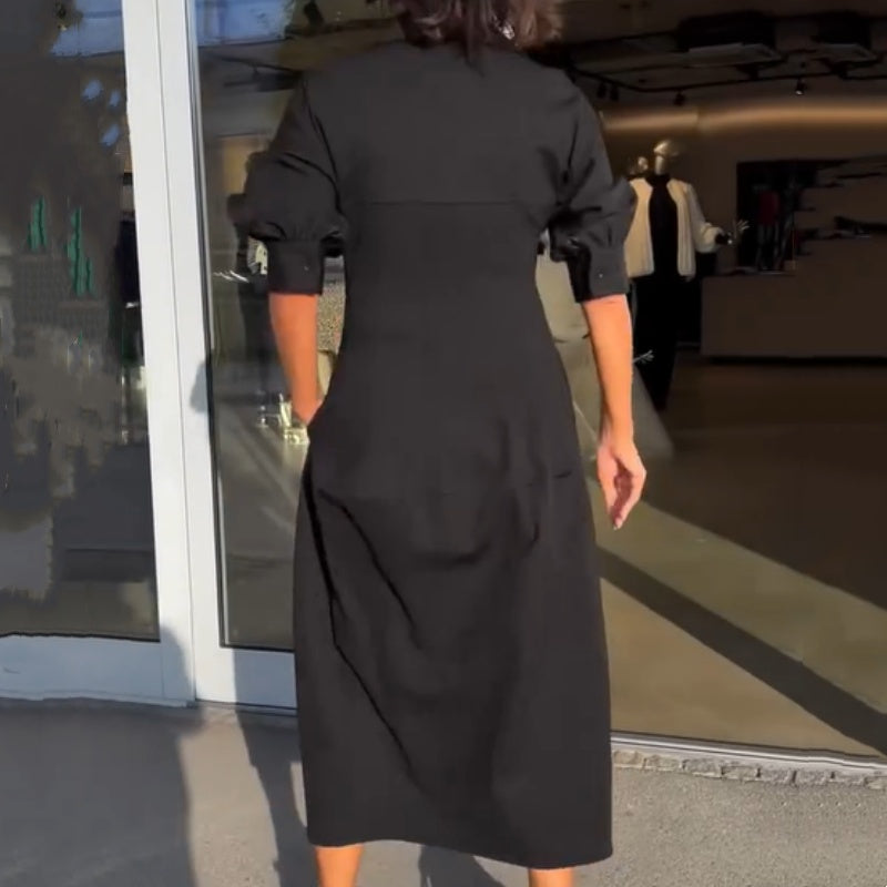 Robe femme midi fluide col V revers taille ajustée élégante manches longues