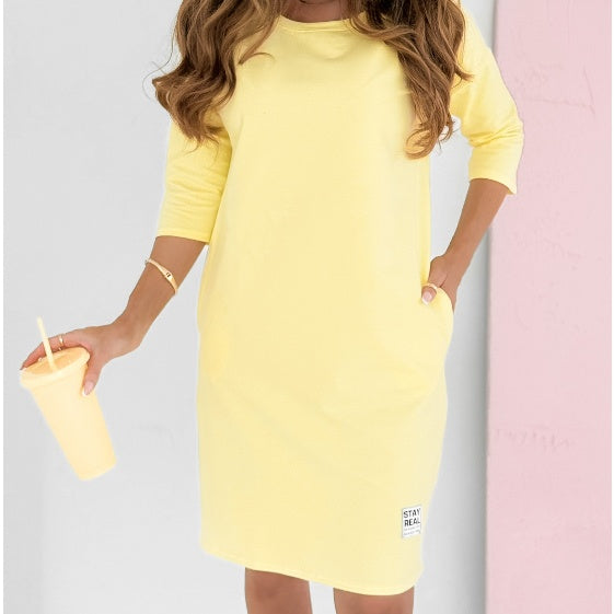 Robe Femme Col Rond Décontractée Manches 3/4 avec Poches Coupe Confort Quotidien