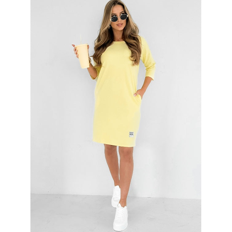 Robe Femme Col Rond Décontractée Manches 3/4 avec Poches Coupe Confort Quotidien