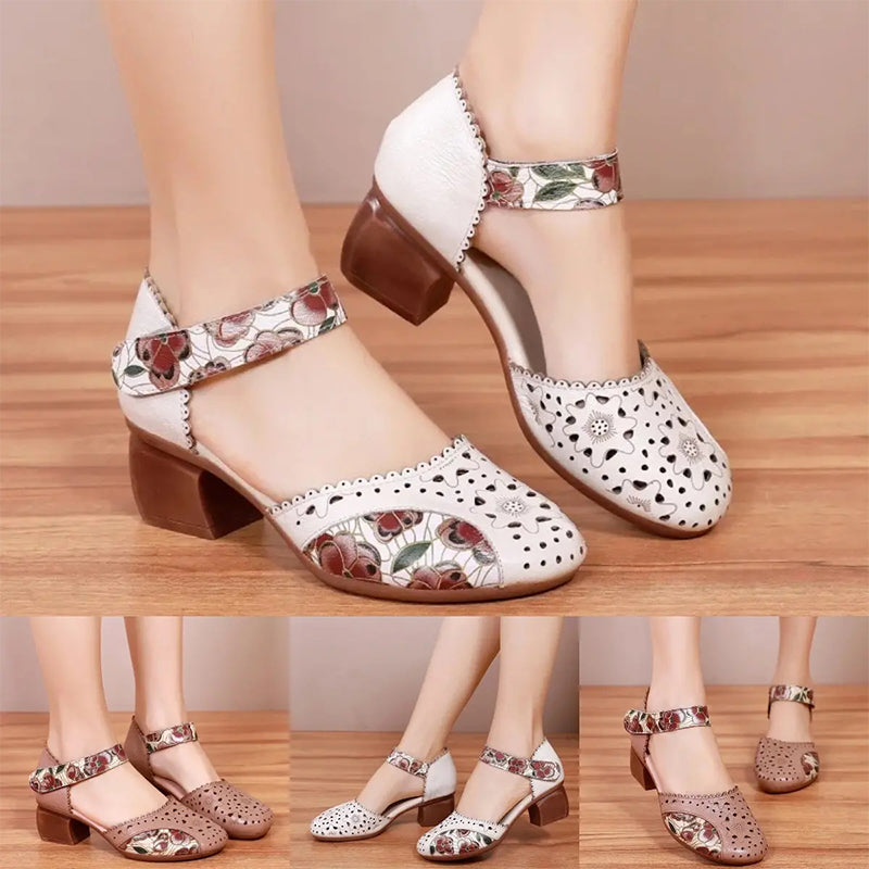 Chaussures Femme Talon Bloc Cuir Ajouré Bride Velcro Florale Rétro