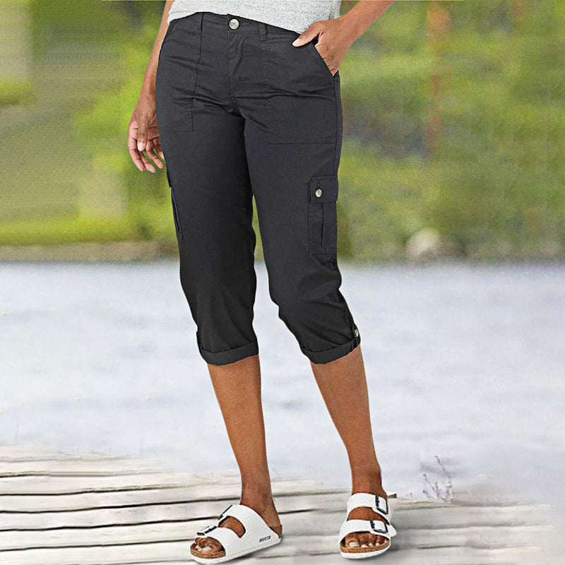 Pantalon cargo capri femme à poches multiples et coupe décontractée