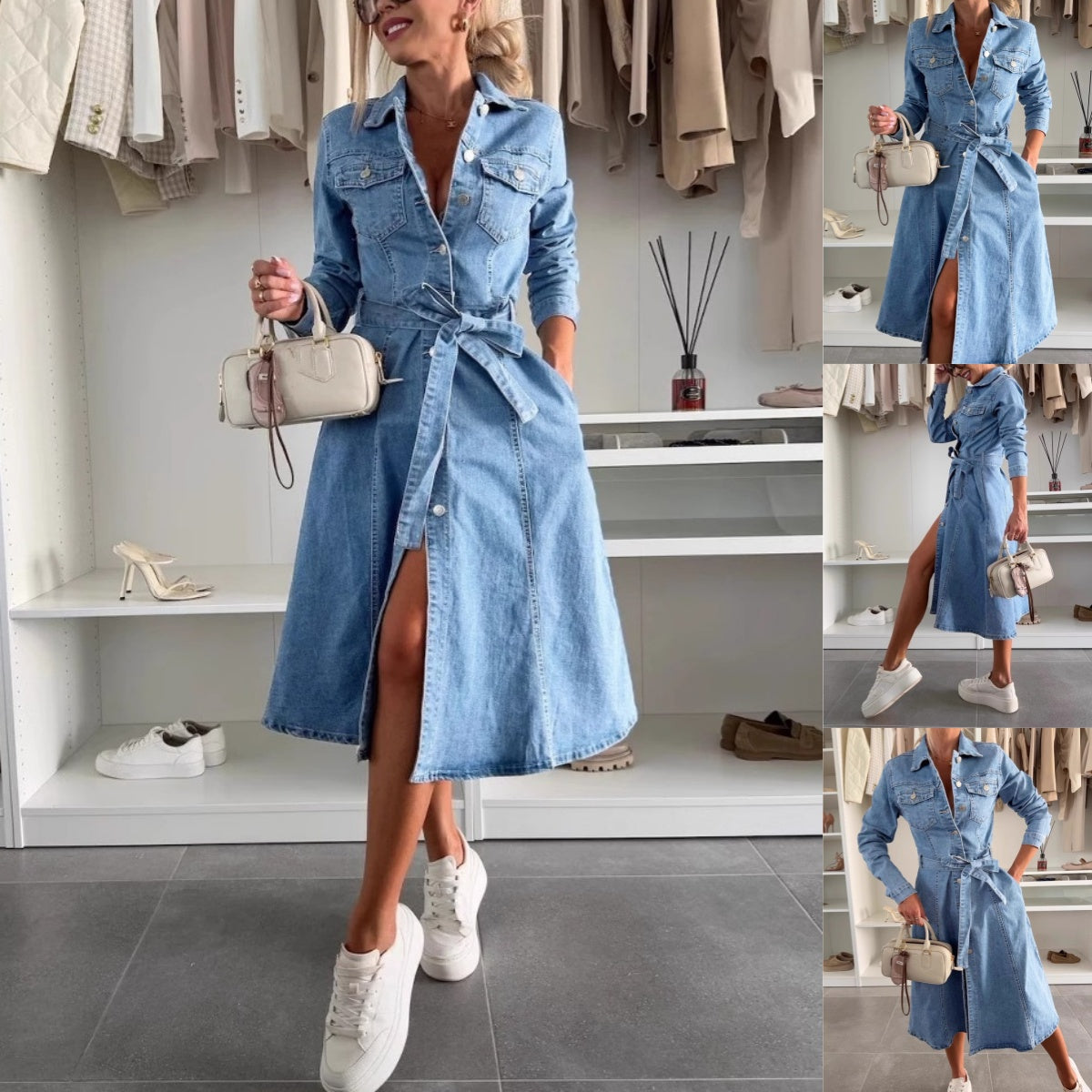 Robe Femme Denim Boutonnée Manches Longues Ceinture Ajustable Coupe Élégante