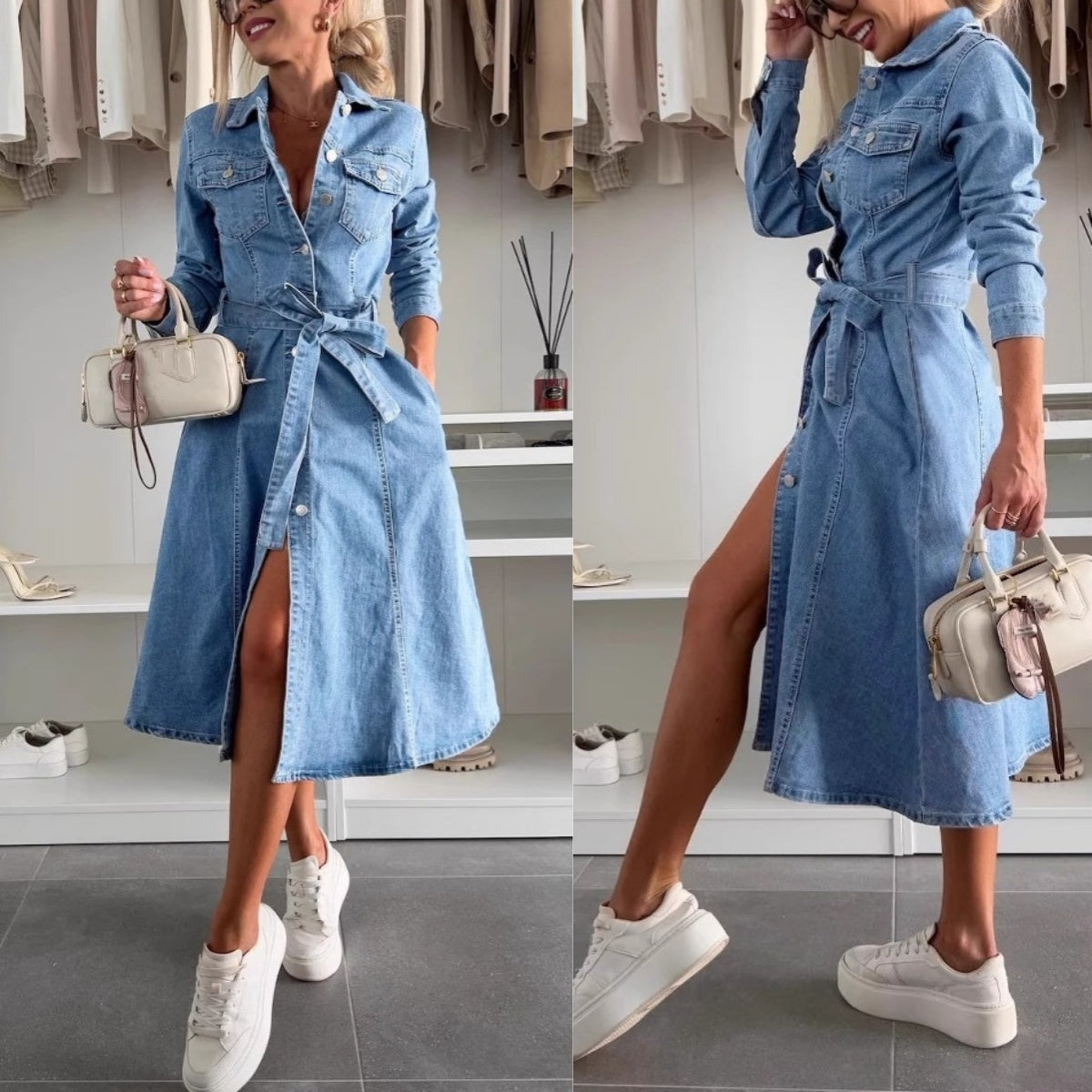 Robe Femme Denim Boutonnée Manches Longues Ceinture Ajustable Coupe Élégante