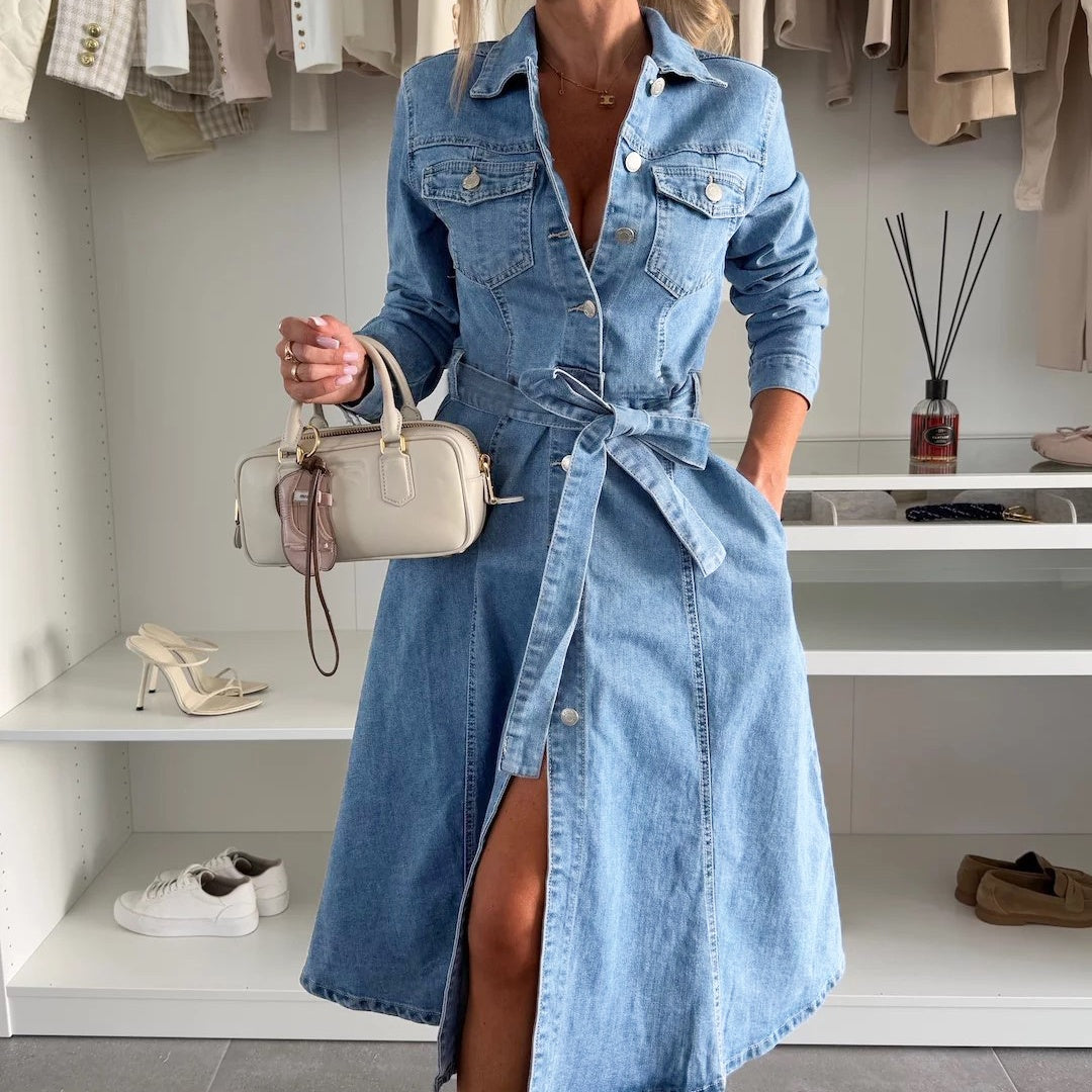 Robe Femme Denim Boutonnée Manches Longues Ceinture Ajustable Coupe Élégante