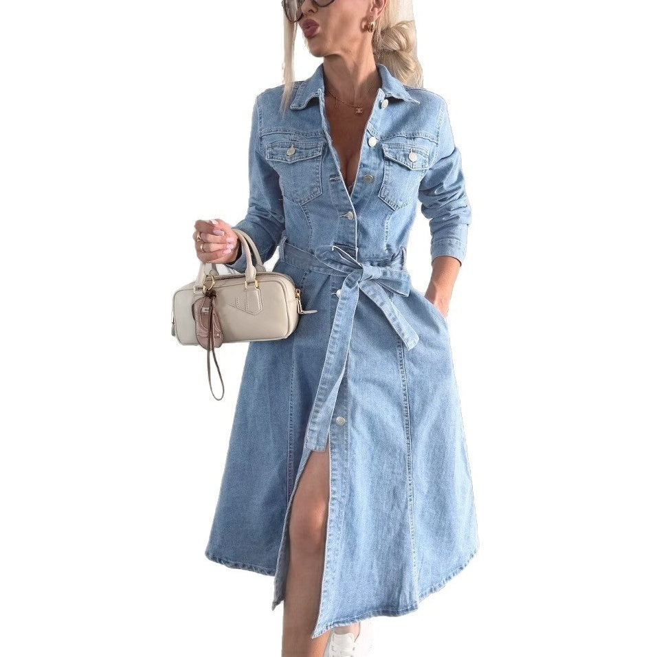Robe Femme Denim Boutonnée Manches Longues Ceinture Ajustable Coupe Élégante
