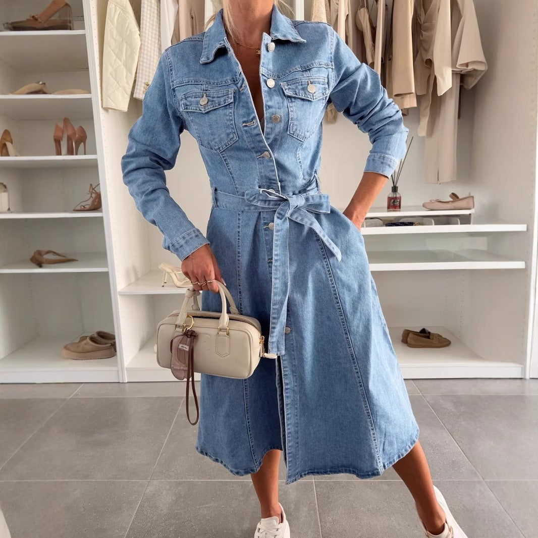 Robe Femme Denim Boutonnée Manches Longues Ceinture Ajustable Coupe Élégante