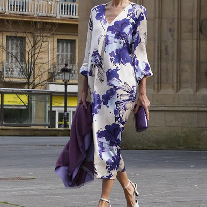 Robe Longue Femme Élégante Imprimée Col V pour Été Chic et Fluide