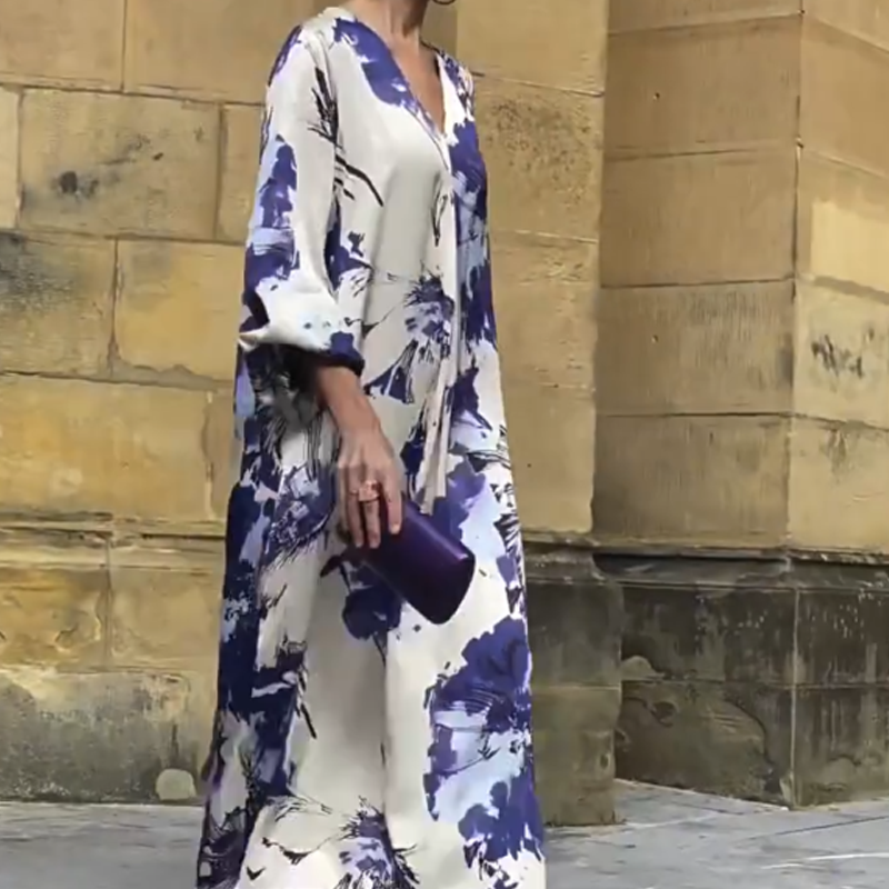 Robe Longue Femme Élégante Imprimée Col V pour Été Chic et Fluide