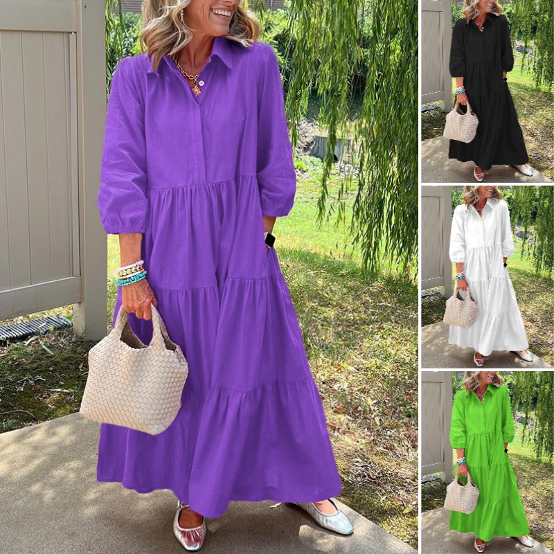 Robe Longue Femme Coupe Ample Col Revers Manches 3/4 Style Décontracté