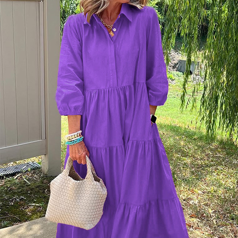 Robe Longue Femme Coupe Ample Col Revers Manches 3/4 Style Décontracté