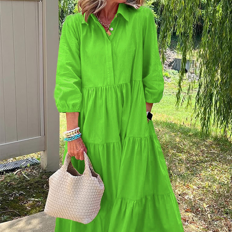 Robe Longue Femme Coupe Ample Col Revers Manches 3/4 Style Décontracté
