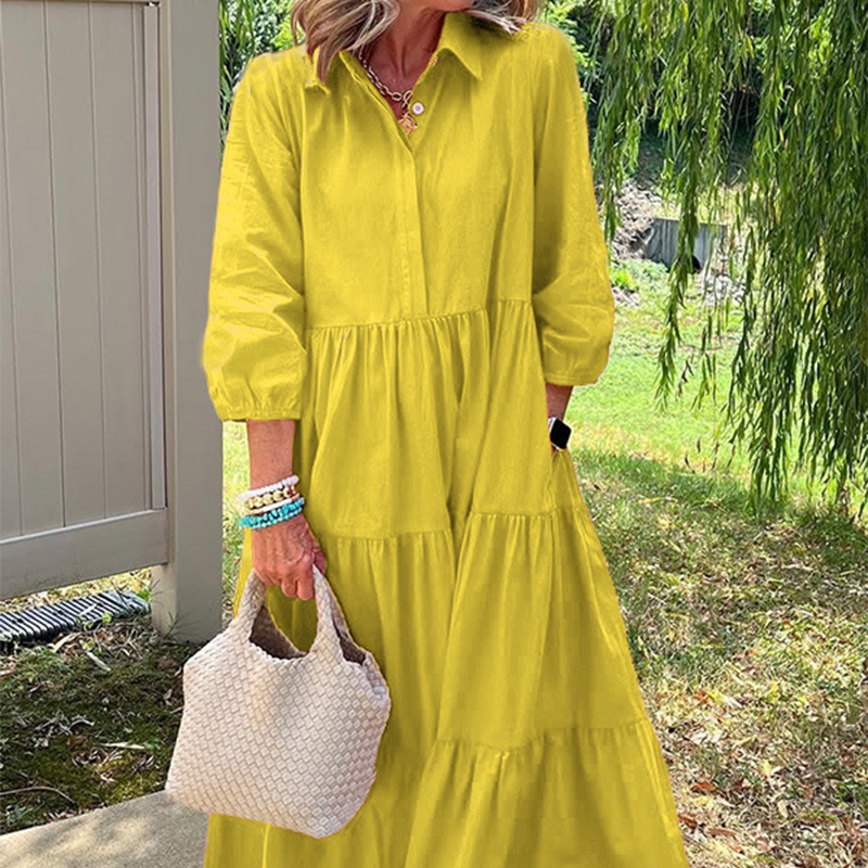 Robe Longue Femme Coupe Ample Col Revers Manches 3/4 Style Décontracté