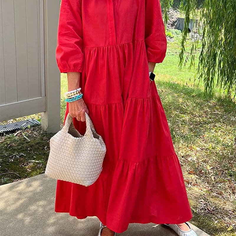 Robe Longue Femme Coupe Ample Col Revers Manches 3/4 Style Décontracté