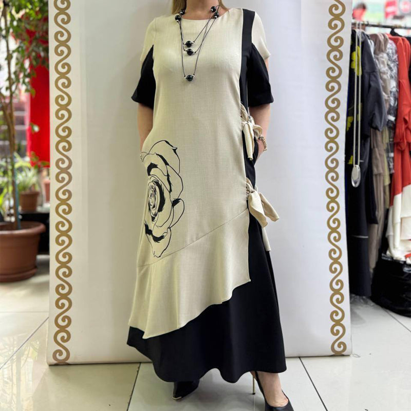 Robe Longue Femme Fluide à Blocs de Couleur Coupe Ample Style Élégant