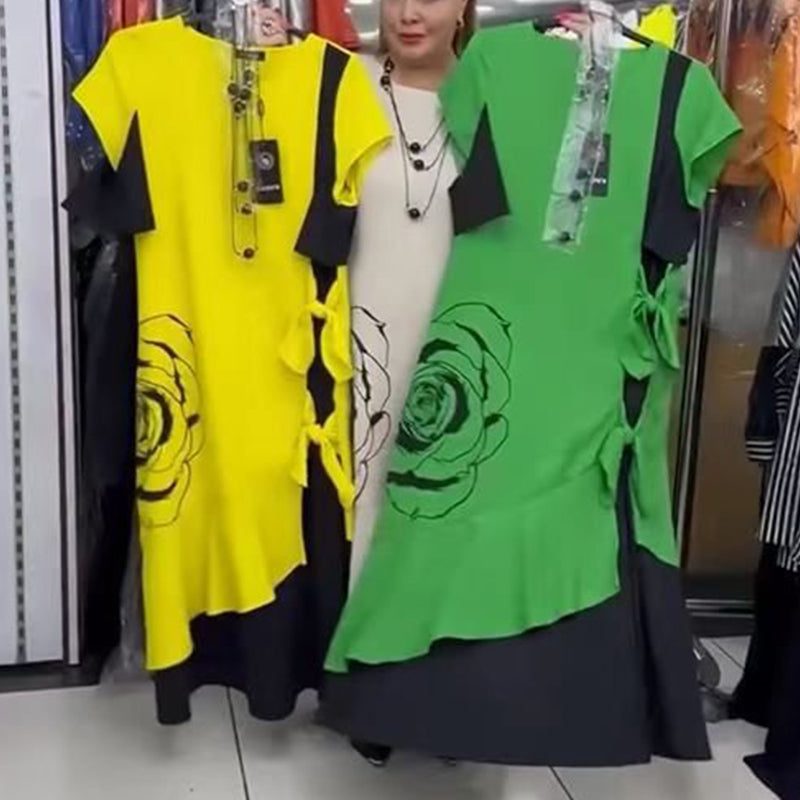 Robe Longue Femme Fluide à Blocs de Couleur Coupe Ample Style Élégant