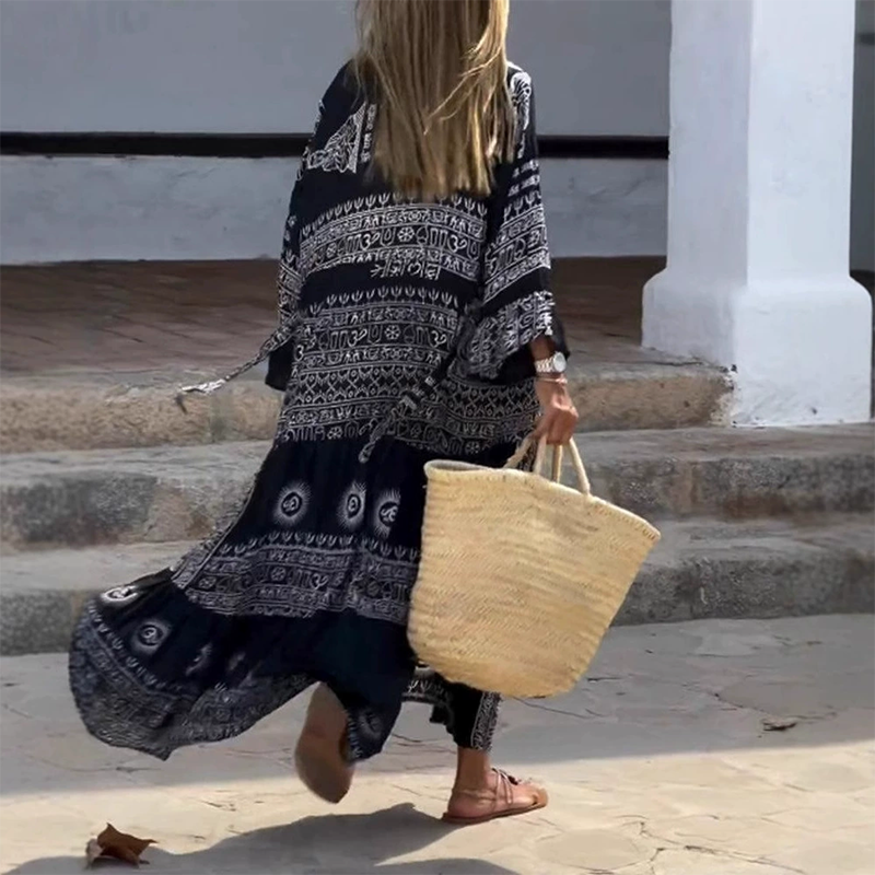 Robe Longue Femme Imprimé Ethnique Tribal Col V Ceinturé Manches Évasées