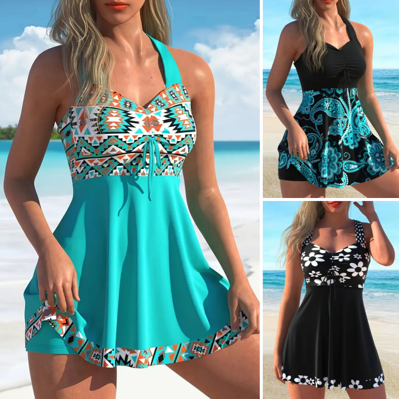 Ensemble Maillot de Bain Femme Robe & Short Intégré Taille Haute Élégant Gainant