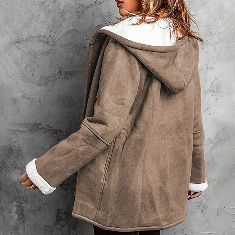 Manteau femme en suède synthétique à capuche doublé chaud