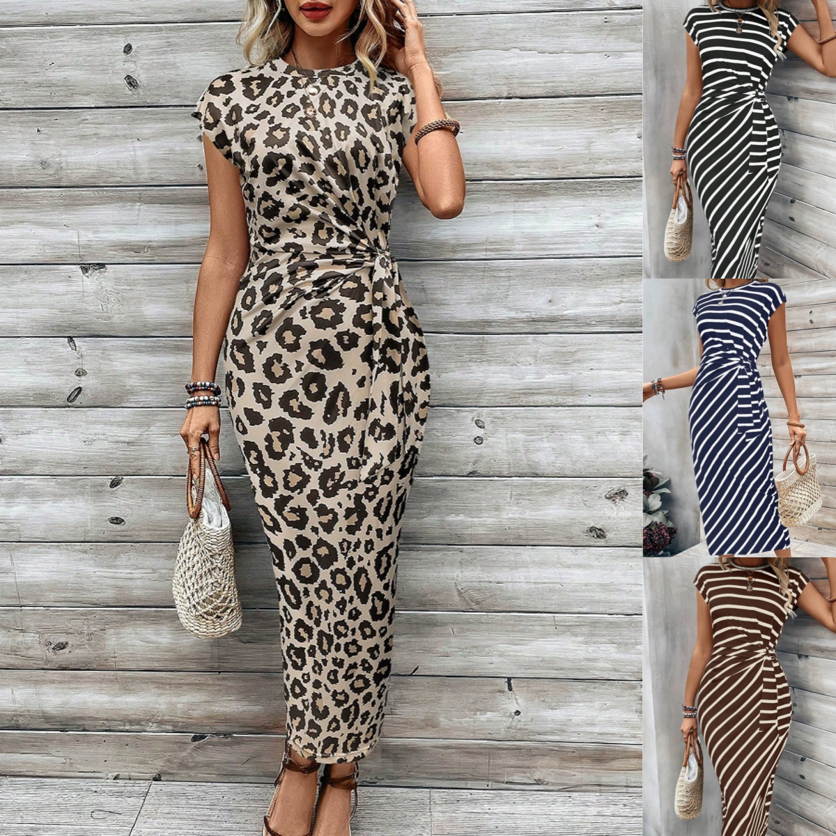 Robe longue femme imprimé léopard avec détail noué à la taille