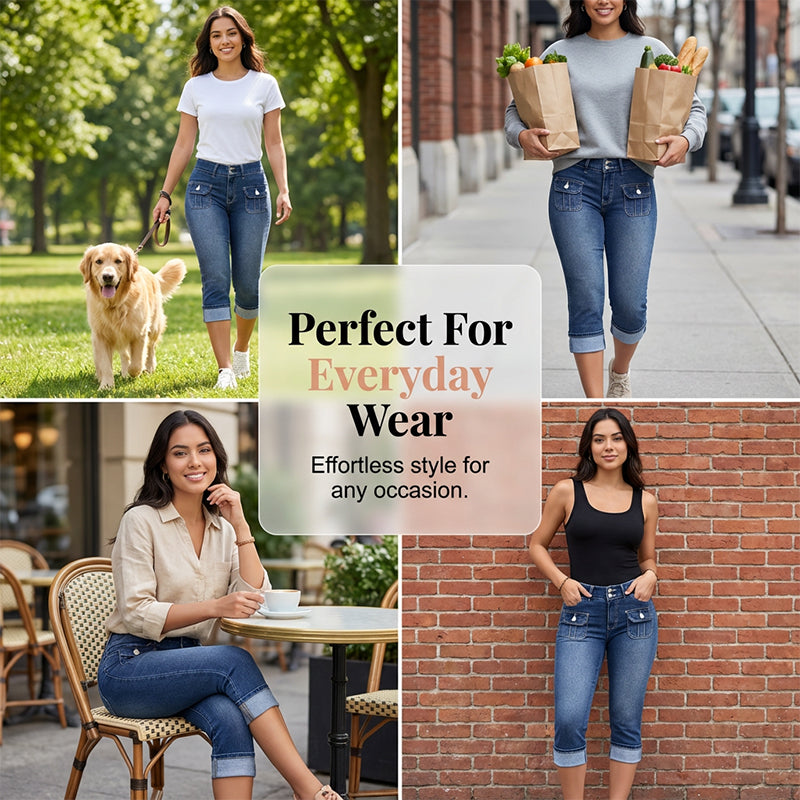 Pantalon Capri Femme Denim Stretch Ajusté Taille Mi-Haute