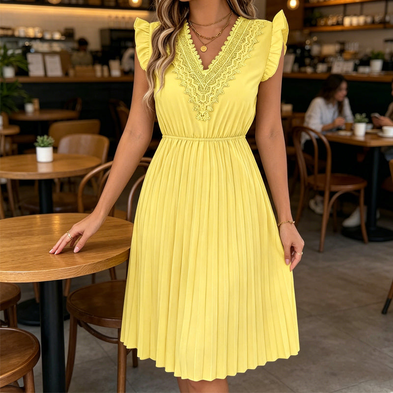 Robe midi femme plissée à col V dentelle et taille empire