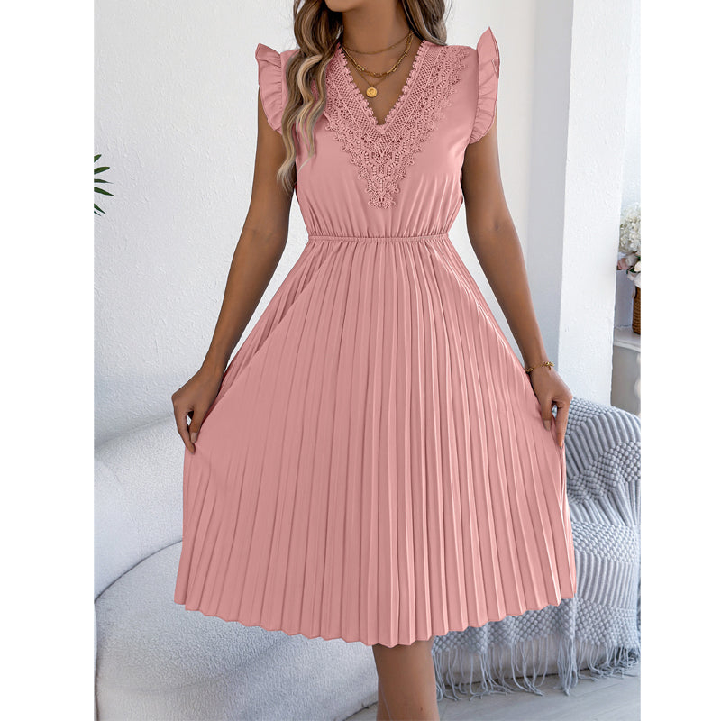 Robe midi femme plissée à col V dentelle et taille empire