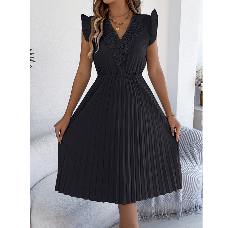 Robe midi femme plissée à col V dentelle et taille empire