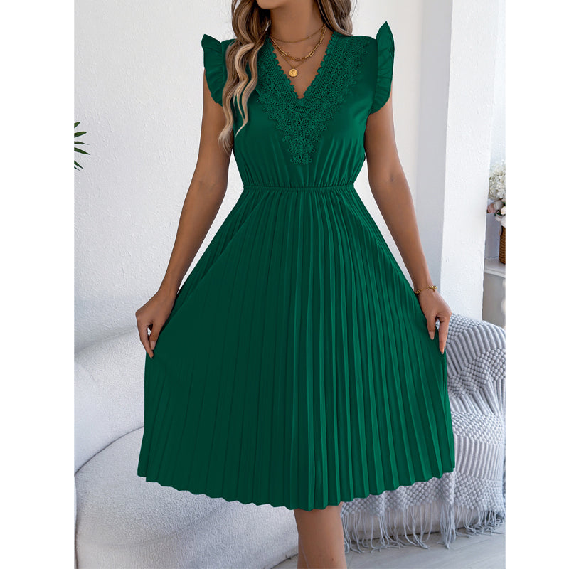 Robe midi femme plissée à col V dentelle et taille empire