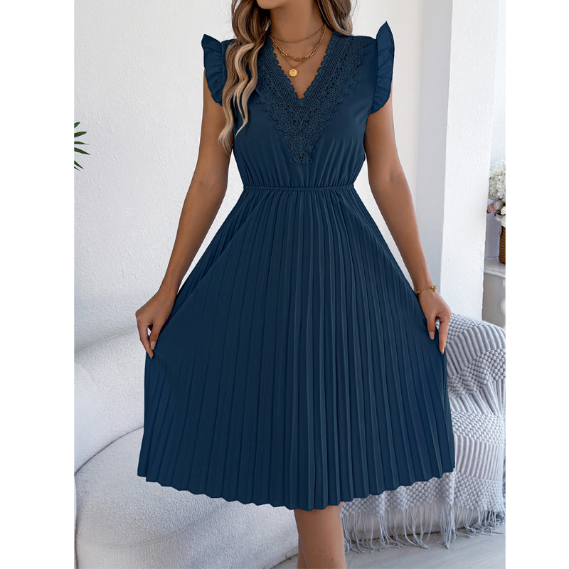 Robe midi femme plissée à col V dentelle et taille empire