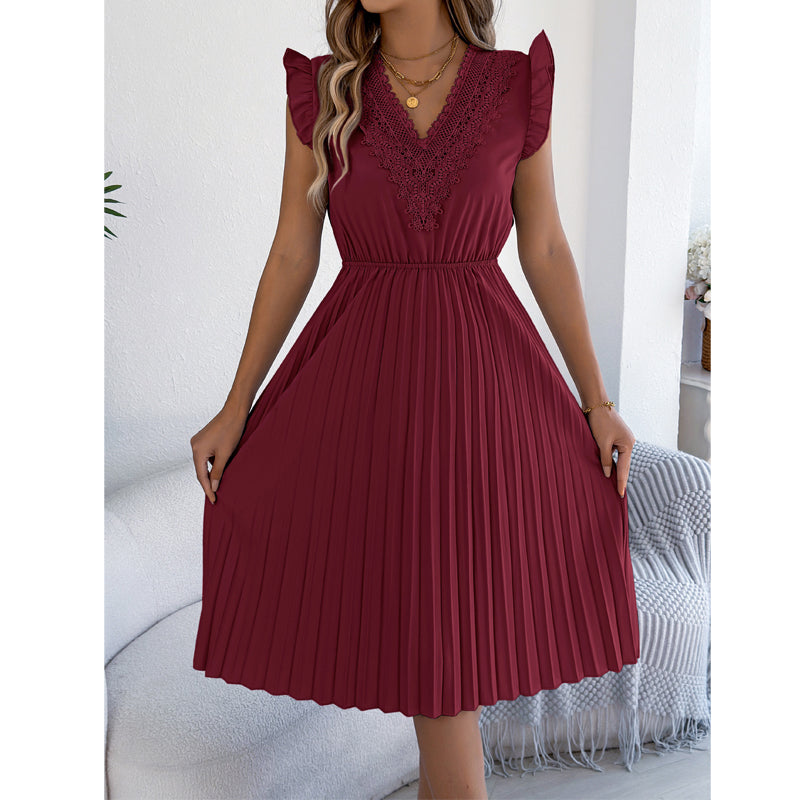 Robe midi femme plissée à col V dentelle et taille empire