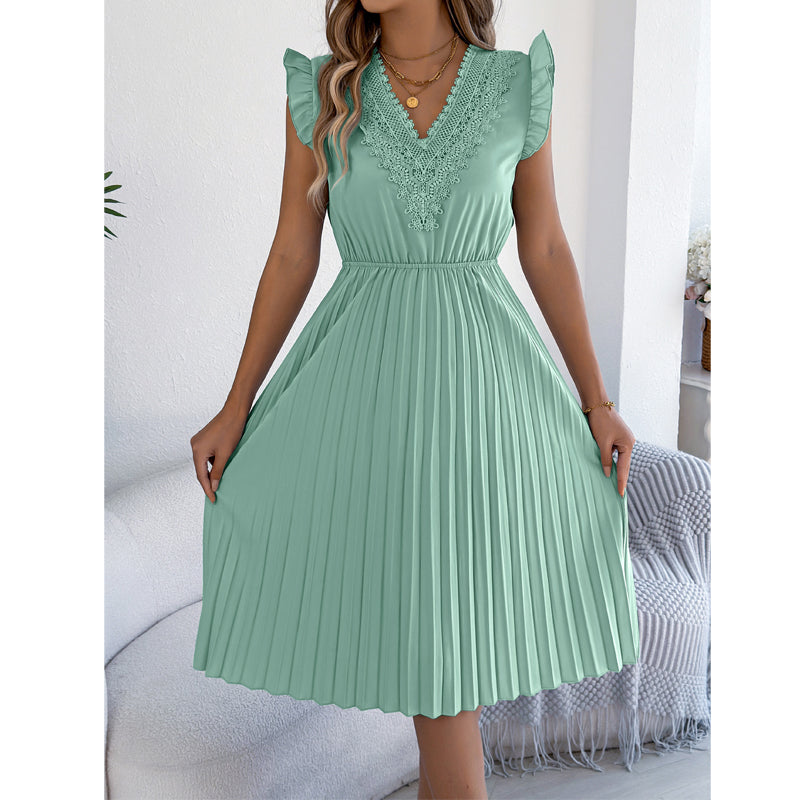 Robe midi femme plissée à col V dentelle et taille empire